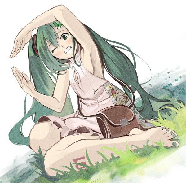 Anime picture 1000x986 with vocaloid hatsune miku furukawa itsuse single blush open mouth sitting twintails bare shoulders green eyes bent knee (knees) very long hair nail polish one eye closed barefoot green hair wink armpit (armpits) ;d girl