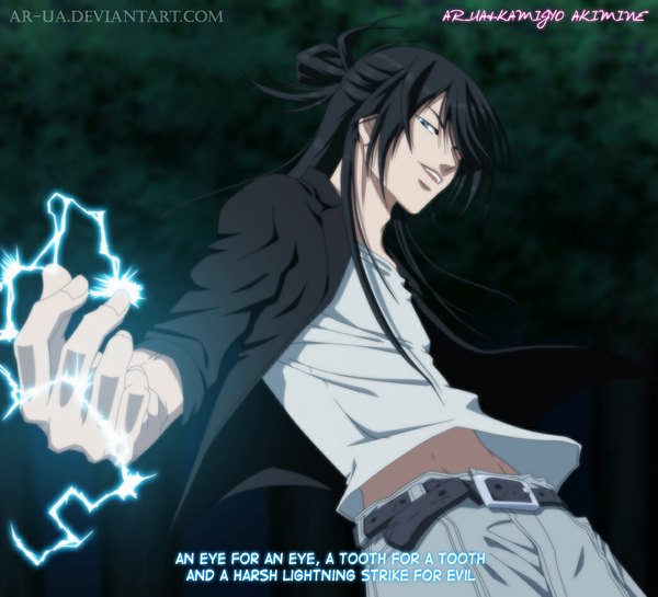 Anime picture 1045x950 with code: breaker kinema citrus hitomi (breaker) ar-ua single long hair open mouth blue eyes black hair smile inscription coloring magic lightning electricity boy shirt belt pants