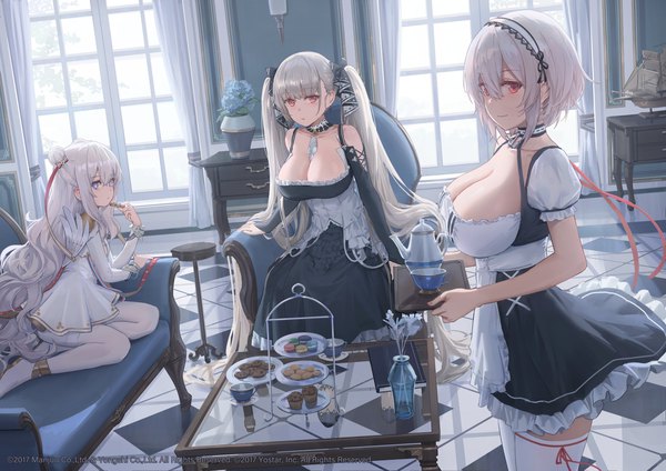 Anime picture 4096x2895 with azur lane formidable (azur lane) sirius (azur lane) le malin (azur lane) free style (yohan1754) long hair looking at viewer blush highres short hair breasts blue eyes light erotic red eyes large breasts sitting twintails multiple girls holding absurdres