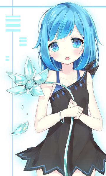 Anime picture 1200x2000 with original umibouzu (niito) single long hair tall image looking at viewer blush fringe open mouth blue eyes standing bare shoulders holding blue hair girl dress flower (flowers) petals bracelet black dress