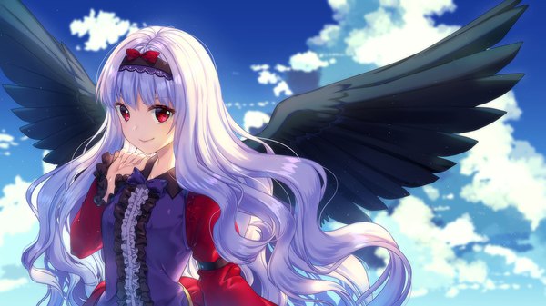 Anime picture 1920x1080 with serment - contract with a devil rosuuri single long hair looking at viewer blush fringe highres smile red eyes wide image standing sky purple hair cloud (clouds) outdoors blunt bangs wallpaper wavy hair black wings