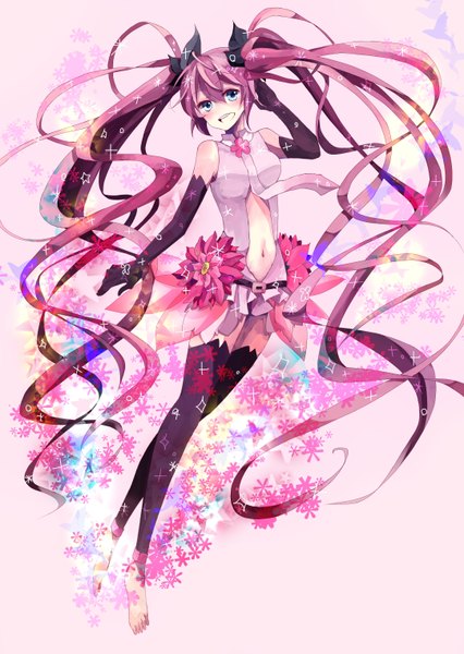 Anime picture 2164x3048 with vocaloid vocaloid append hatsune miku sakura miku hatsune miku (append) tagme (artist) single tall image blush fringe highres breasts open mouth twintails pink hair very long hair barefoot happy girl gloves