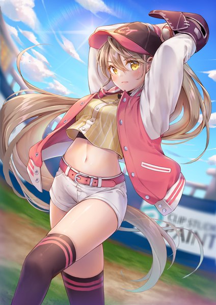 Anime picture 2480x3508 with original ika (4801055) single tall image looking at viewer blush fringe highres blonde hair hair between eyes standing yellow eyes sky cloud (clouds) bent knee (knees) outdoors very long hair arms up midriff arms behind head