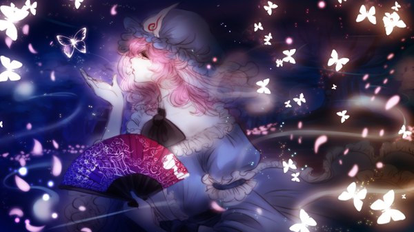 Anime picture 1366x768 with touhou saigyouji yuyuko kinako007 single fringe short hair wide image looking away pink hair traditional clothes profile glow girl petals insect butterfly bonnet fan