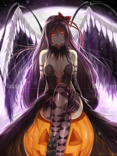 Anime picture 3000x4000 with mahou shoujo madoka magica shaft (studio) akemi homura akuma homura hews single long hair tall image highres breasts black hair red eyes sitting inscription fur trim crossed legs glowing watermark halloween glowing eye (eyes)