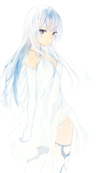 Anime picture 529x874 with lpip single long hair tall image looking at viewer fringe blue eyes simple background standing white background blue hair white hair multicolored hair tattoo zettai ryouiki gradient hair girl dress gloves flower (flowers)