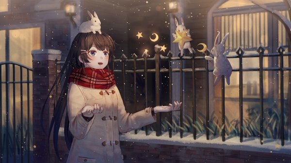 Anime picture 1920x1080 with original ji dao ji single long hair blush fringe highres open mouth blue eyes smile brown hair wide image standing looking away outdoors :d snowing girl hairclip scarf