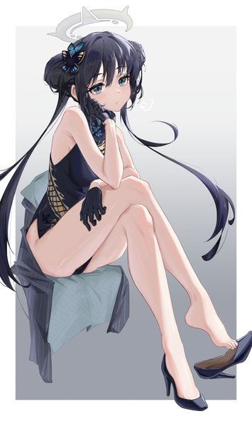 Anime picture 3646x6162 with blue archive kisaki (blue archive) mrdaji single tall image fringe highres blue eyes light erotic simple background hair between eyes sitting twintails looking away absurdres traditional clothes grey background bare legs hair bun (hair buns) high heels