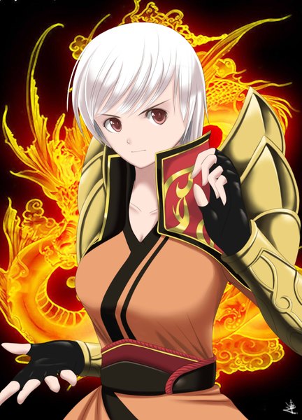 Anime picture 2125x2952 with xiao lian single tall image looking at viewer highres short hair red eyes signed white hair girl armor fingerless gloves