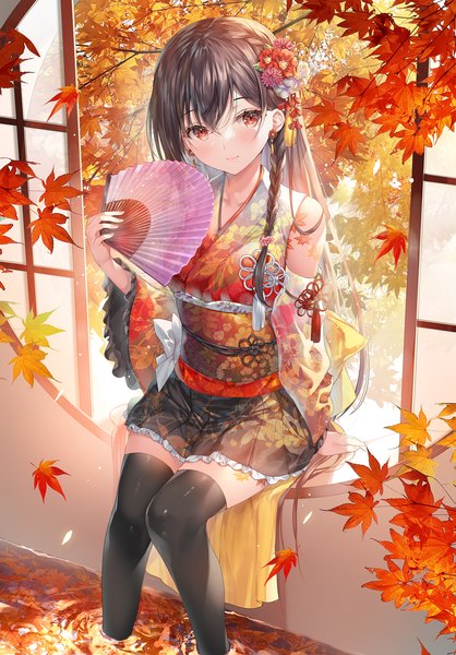 Anime picture 976x1400 with original miwabe sakura single long hair tall image fringe black hair hair between eyes red eyes sitting holding looking away braid (braids) traditional clothes japanese clothes hair flower from above wide sleeves arm support floral print