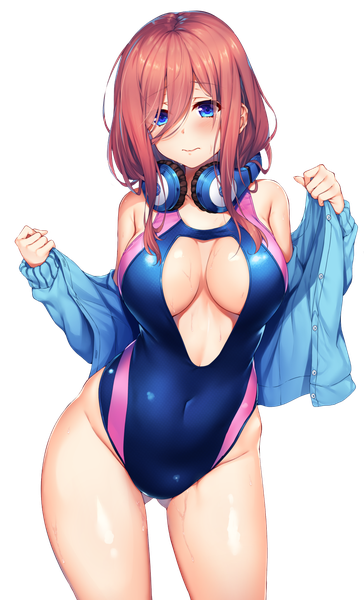 Anime picture 939x1546 with go-toubun no hanayome nakano miku raiou single long hair tall image looking at viewer blush fringe breasts blue eyes light erotic hair between eyes brown hair large breasts standing bare shoulders payot cleavage hair over one eye