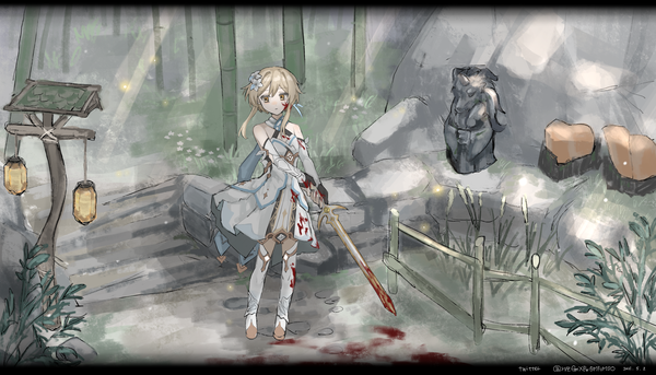 Anime picture 3500x2000 with genshin impact lumine (genshin impact) yoooichang single fringe highres short hair blonde hair wide image standing bare shoulders holding signed yellow eyes payot looking away full body outdoors long sleeves hair flower