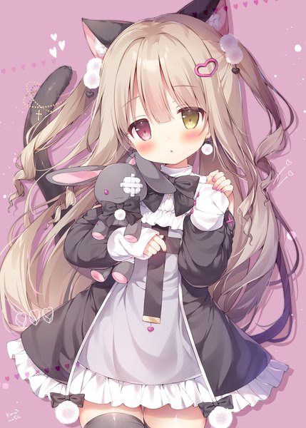 Anime picture 1073x1500 with original momozu komamochi single long hair tall image looking at viewer blush fringe simple background hair between eyes brown hair standing animal ears tail long sleeves head tilt animal tail cat ears :o cat girl