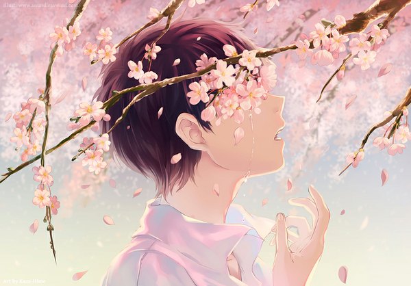 Anime picture 898x626 with neon genesis evangelion gainax ikari shinji kaze-hime short hair open mouth brown hair white hair tears cherry blossoms open collar crying boy flower (flowers) plant (plants) shirt petals tree (trees) white shirt branch