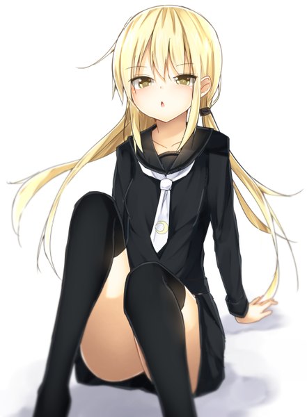 Anime picture 1013x1377 with kantai collection satsuki destroyer mizushina minato single long hair tall image looking at viewer blush open mouth light erotic blonde hair white background sitting twintails yellow eyes arm support low twintails girl thighhighs skirt