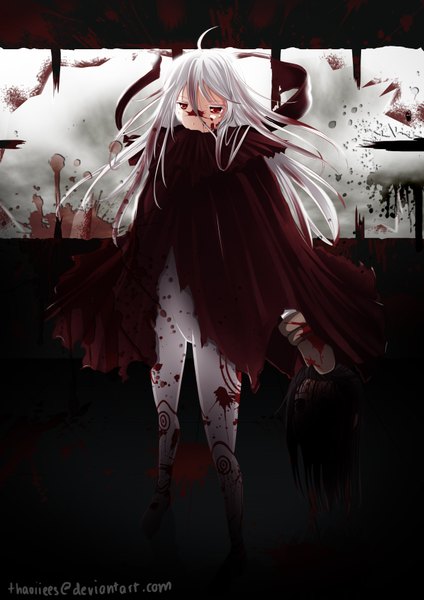 Anime picture 2480x3508 with deadman wonderland shiro (deadman wonderland) thaoiiees single long hair tall image highres red eyes ahoge white hair girl blood cloak