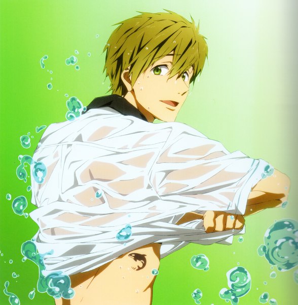 Anime picture 2136x2180 with free! kyoto animation tachibana makoto nishiya futoshi single tall image looking at viewer highres short hair open mouth simple background brown hair green eyes scan official art tattoo wet clothes green background wet shirt boy