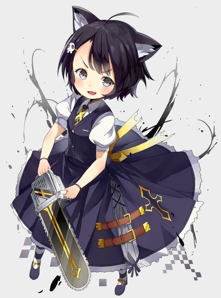 Anime picture 757x1023 with original atage single tall image looking at viewer blush fringe short hair open mouth black hair simple background standing holding animal ears full body ahoge from above cat ears grey background grey eyes