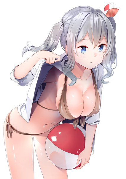 Anime picture 2508x3541 with kantai collection kashima training cruiser byte (allbyte) single long hair tall image blush fringe highres breasts blue eyes light erotic simple background hair between eyes large breasts white background twintails payot looking away cleavage
