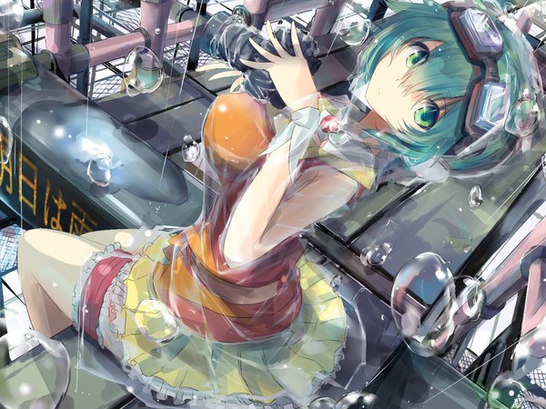 Anime picture 1280x960 with vocaloid gumi nao (qqqbb) single looking at viewer fringe short hair breasts large breasts sitting green eyes pleated skirt green hair from above sunlight rain girl skirt shorts bubble (bubbles)