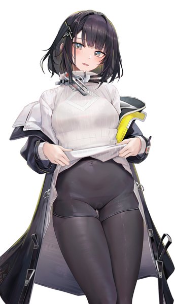 Anime picture 3490x6070 with arknights arknights: endfield ru zhai single tall image looking at viewer blush fringe highres short hair breasts open mouth light erotic black hair simple background standing white background absurdres blunt bangs long sleeves