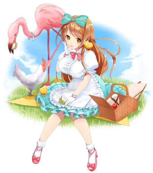 Anime picture 1000x1129 with alice in wonderland original alice (wonderland) miyano akihiro single long hair tall image looking at viewer brown hair sitting brown eyes girl dress gloves bow hair bow animal socks white gloves bird (birds)