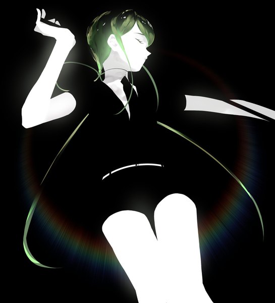 イラスト 1860x2048 と 宝石の国 ジェード ryein ソロ 長髪 長身像 highres simple background payot eyes closed green hair outstretched arm black background white skin androgynous 制服 ネクタイ ベルト