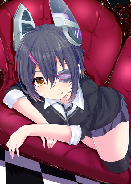 Anime picture 800x1129 with kantai collection tenryuu light cruiser haruta (806060) single tall image looking at viewer short hair black hair yellow eyes girl thighhighs hair ornament black thighhighs eyepatch couch