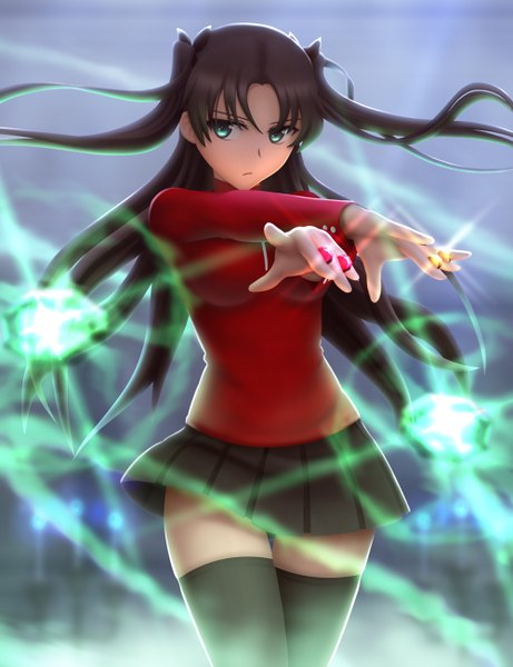Anime picture 1000x1300 with fate (series) fate/stay night type-moon toosaka rin siraha single long hair tall image brown hair twintails green eyes looking away pleated skirt zettai ryouiki magic crossed arms girl thighhighs skirt ribbon (ribbons)