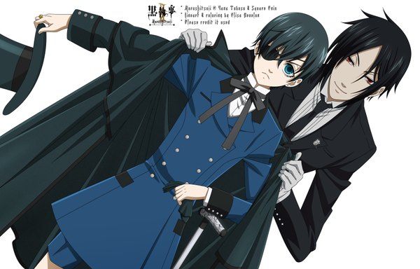 Anime picture 3900x2500 with kuroshitsuji a-1 pictures sebastian michaelis ciel phantomhive looking at viewer fringe highres short hair blue eyes black hair simple background red eyes white background absurdres light smile scan inscription multiple boys hieroglyph demon