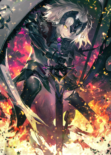 Anime picture 898x1252 with fate (series) fate/grand order jeanne d'arc (fate) (all) jeanne d'arc alter (fate) kodama (wa-ka-me) single tall image fringe short hair open mouth smile hair between eyes standing holding yellow eyes looking away silver hair ahoge teeth floating hair