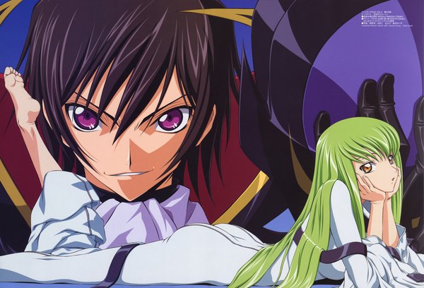 Anime picture 5199x3539 with code geass sunrise (studio) c.c. lelouch lamperouge fukano youichi long hair looking at viewer fringe highres short hair smile hair between eyes brown hair purple eyes yellow eyes absurdres lying parted lips green hair scan