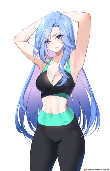 Anime picture 3850x5950 with original minah (chaesu) tofuubear single long hair tall image looking at viewer blush fringe highres breasts blue eyes light erotic simple background hair between eyes standing white background blue hair absurdres multicolored hair