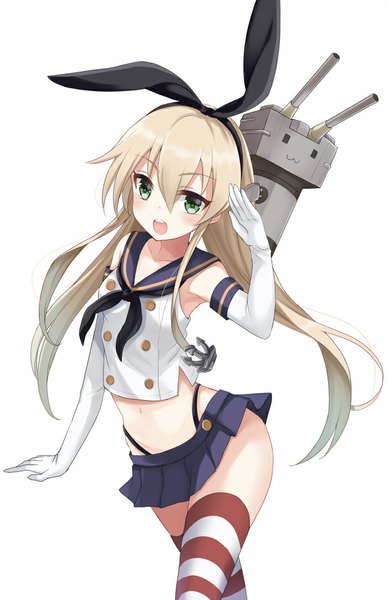 Anime picture 700x1081 with kantai collection shimakaze destroyer rensouhou-chan harimoji long hair tall image blush open mouth simple background blonde hair white background green eyes pleated skirt :3 salute girl thighhighs skirt gloves navel