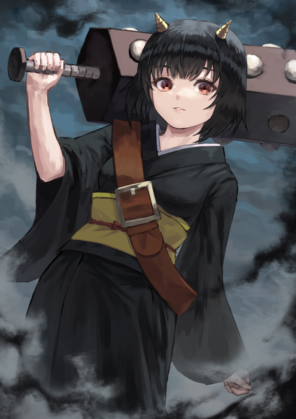 Anime picture 714x1010 with gintama sunrise (studio) gedomaru fagi (kakikaki) single tall image looking at viewer short hair black hair red eyes traditional clothes japanese clothes horn (horns) from below oni horns oni girl weapon kimono obi