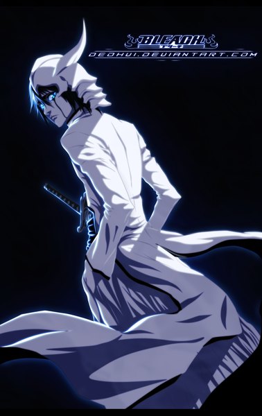 Anime picture 1299x2062 with bleach studio pierrot ulquiorra schiffer deohvi single tall image short hair blue eyes black hair simple background traditional clothes japanese clothes looking back inscription coloring facial mark black background hands in pockets espada boy
