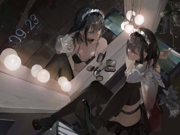 Anime picture 7813x5860 with original soungruan mian mao single fringe highres short hair breasts light erotic black hair hair between eyes sitting holding looking away absurdres bent knee (knees) indoors from above off shoulder maid grey eyes