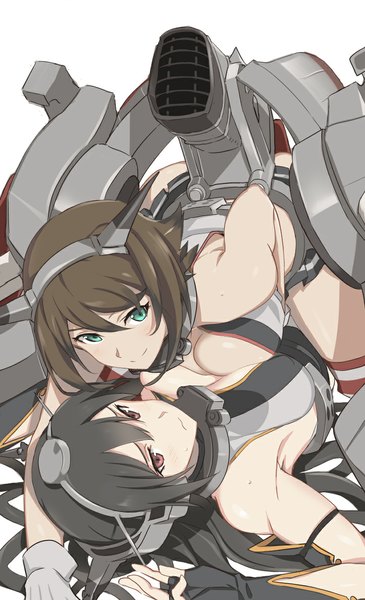 Anime picture 723x1187 with kantai collection nagato battleship mutsu battleship ningen (ningen96) long hair tall image looking at viewer blush fringe short hair breasts light erotic black hair simple background smile red eyes brown hair large breasts white background bare shoulders