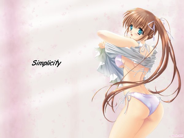 Anime picture 1600x1200 with carnelian single long hair blush fringe open mouth blue eyes light erotic brown hair ass ponytail looking back wallpaper side ponytail undressing third-party edit girl dress ribbon (ribbons) swimsuit