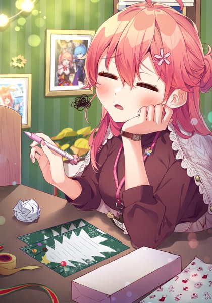 Anime picture 2800x4000 with virtual youtuber hololive hoshimachi suisei sakura miko tang-du single long hair tall image blush fringe highres open mouth hair between eyes red hair indoors eyes closed nail polish arm support hair bun (hair buns) depth of field
