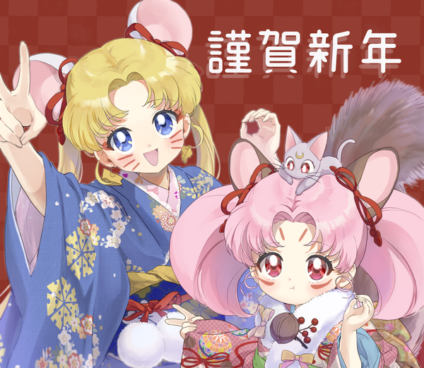 Anime picture 900x783 with bishoujo senshi sailor moon toei animation tsukino usagi chibiusa diana akakokko long hair looking at viewer open mouth blue eyes blonde hair smile red eyes twintails multiple girls animal ears pink hair upper body traditional clothes head tilt