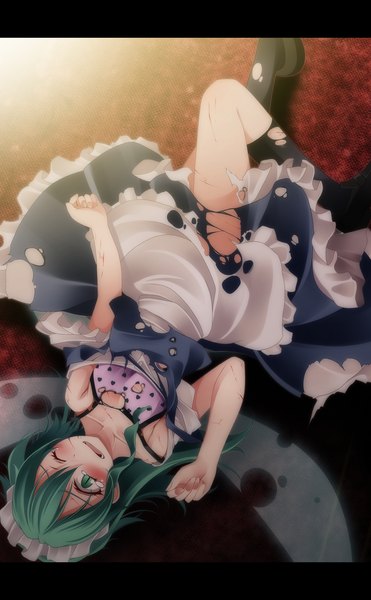 Anime picture 2000x3236 with touhou fairy maid s-syogo single long hair tall image blush highres light erotic green eyes one eye closed green hair wink maid tears torn clothes girl wings socks headdress