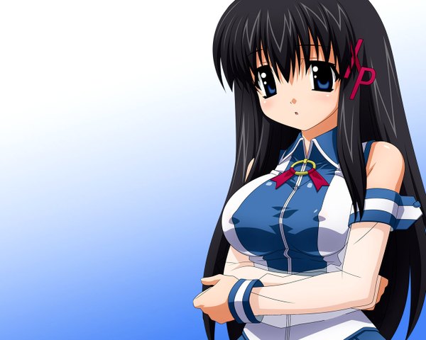 Anime picture 1280x1024 with os-tan windows (operating system) xp-tan (saseko) wave ride long hair blue eyes light erotic black hair simple background bare shoulders girl ribbon (ribbons) hair ribbon