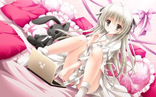 Anime picture 1920x1200 with yosuga no sora kasugano sora suzui narumi single long hair looking at viewer blush highres open mouth wide image sitting twintails yellow eyes white hair bunny ears girl dress hair ornament bow ribbon (ribbons)