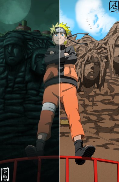 Anime picture 2031x3100 with naruto studio pierrot naruto (series) uzumaki naruto themnaxs single tall image highres short hair blue eyes blonde hair smile sky cloud (clouds) from below night sky coloring facial mark crossed arms whisker markings