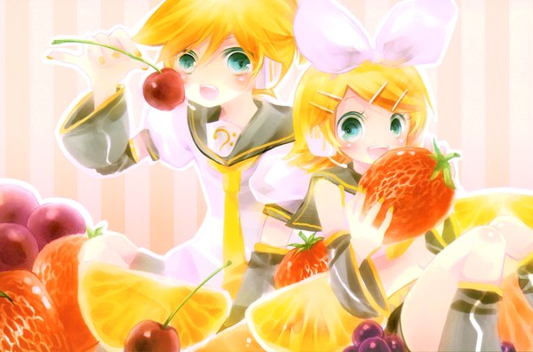 Anime picture 6054x4003 with vocaloid kagamine rin kagamine len shimeko highres short hair open mouth blonde hair sitting absurdres aqua eyes scan girl boy navel hair ornament detached sleeves necktie food shorts