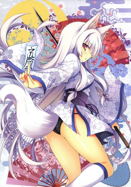Anime picture 2106x3000 with original tateha (marvelous grace) single long hair tall image highres light erotic animal ears silver hair tail traditional clothes japanese clothes animal tail scan pantyshot fox ears fox tail fox girl girl underwear