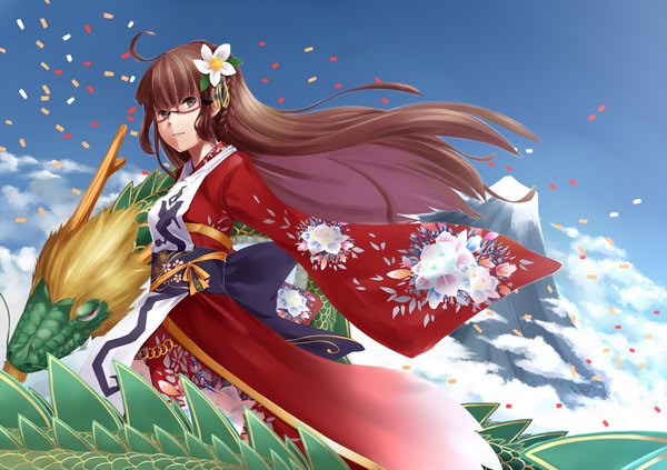 Аниме картинка 2000x1410 с оригинальное изображение tokumaro длинные волосы высокое разрешение каштановые волосы карие глаза облако (облака) японская одежда цветок в волосах гора (горы) девушка украшения для волос очки кимоно оби дракон