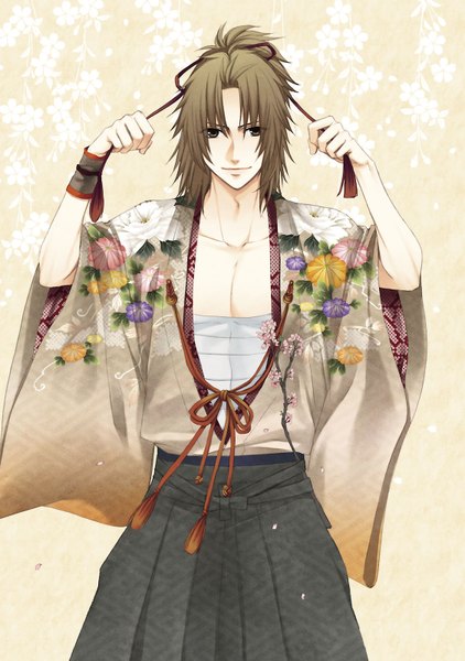 Anime picture 1126x1600 with shinobi yoru koi wa kusemono toyoda eishi kirishima sou single long hair tall image looking at viewer simple background smile brown hair standing holding brown eyes traditional clothes japanese clothes light smile wide sleeves arms up floral print boy
