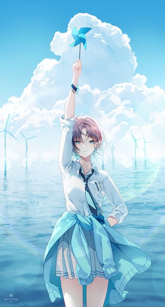Anime picture 1500x2784 with idolmaster idolmaster shiny colors asakura tooru snow is single tall image looking at viewer fringe short hair blue eyes hair between eyes brown hair standing holding signed sky cloud (clouds) outdoors pleated skirt multicolored hair